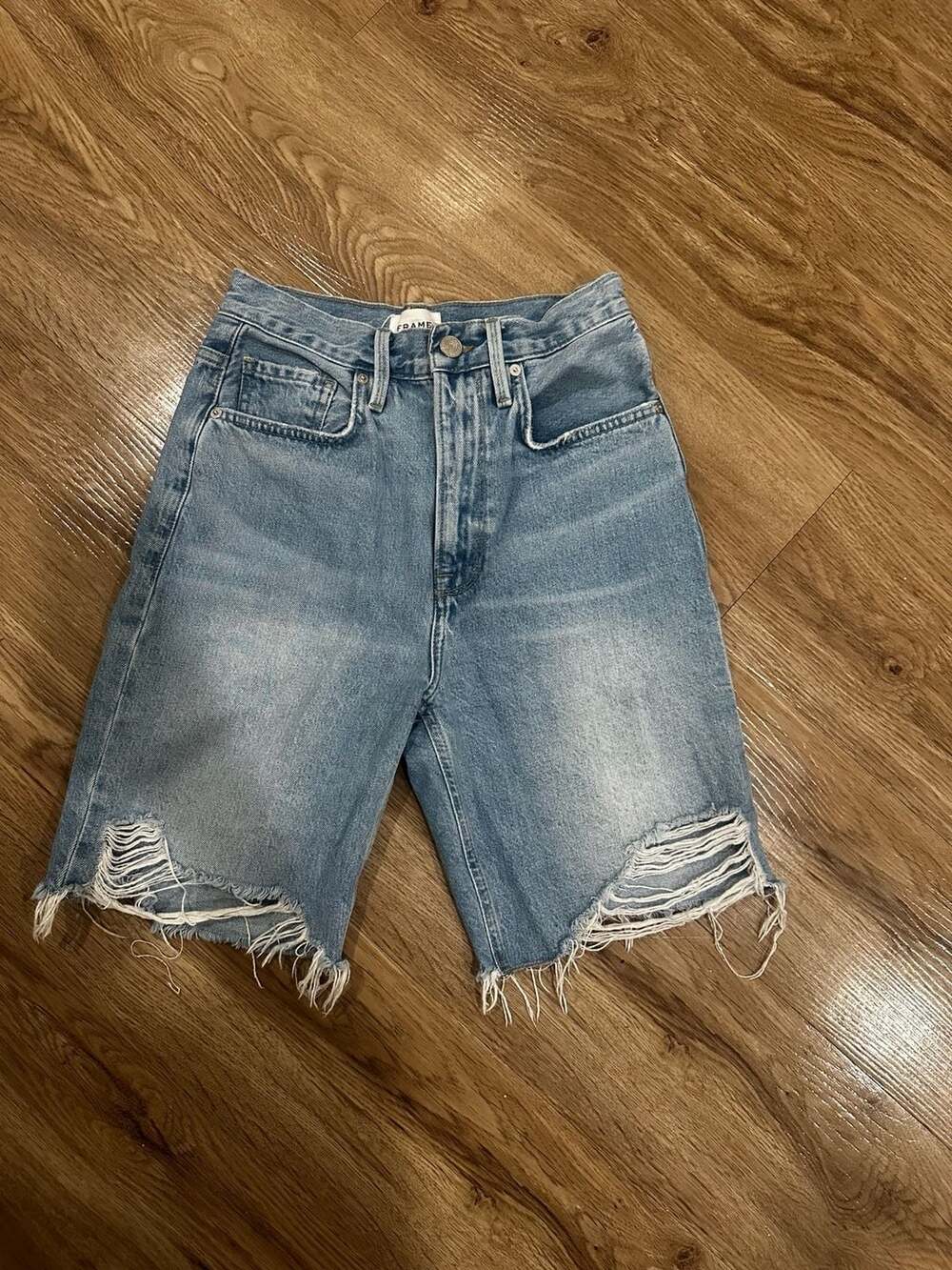 FRAME High Rise Distressed Denim Bermuda Shorts Size 25